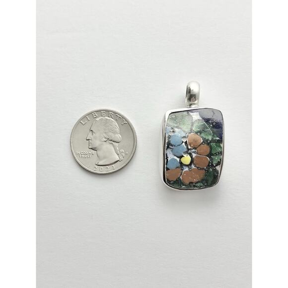 925 Sterling Silver Mosaic Talavera Spanish Mexican Flower Ceramic Tile Pendant - Picture 3 of 7